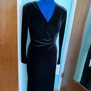 Black Velvet, Floor Length Dress with Side Slit, Long Sleeves, V-Neck